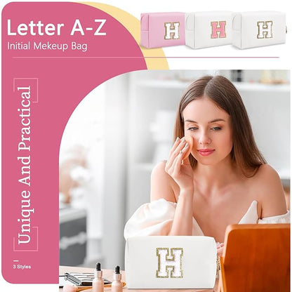 Small Personalized Initial A-Z Preppy Patch Makeup Bag,White PU Chenille Letter Travel Cosmetic Pouch with Zipper,Cute Toiletry Bag,Gift Ideal for Teen Girls Women Teacher Bridesmaid,Letter H
