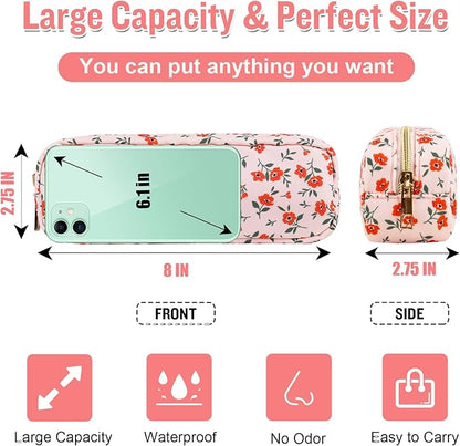 Nylon Small Floral Makeup Bag Slim Pouch, Preppy Cute Makeup Brush Bag Pink Makeup Bag Flower Cosmetic Zipper Pouch for Purse, Waterproof Travel Toiletry Bag Make Up Organizer for Women(Pink-Floral)