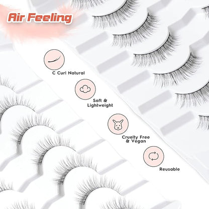 Natural Lashes Eyelashes Wispy 10MM Short Lashes Thin Band Strip Lashes 3D Volume Lashes False Eyelashes C Curl Soft Lash Pack 7 Pair Siligli