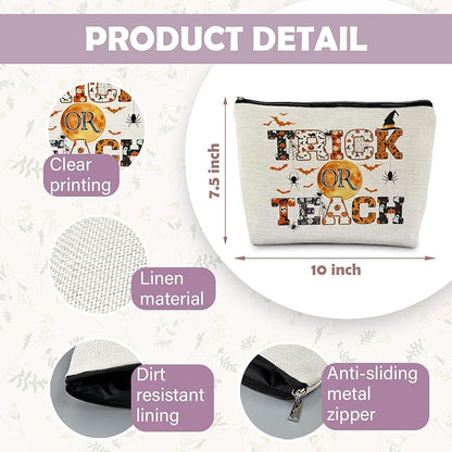 Halloween Makeup Bag for Teacher, Halloween Teacher Gifts for Women, Halloween Spider Bat Cosmetic Bags for Women, Funny Trick or Teach Makeup Pouch, Halloween Funny Makeup Bag