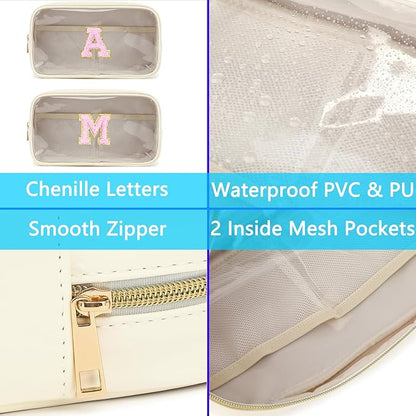 Clear Makeup Bag with 2 Customizable Chenille Letters - Waterproof PU Leather Cosmetic Case, Large Personalized Toiletry Pouch for Women & Teens, Ideal for Travel & Gift