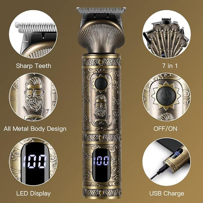 Beard Trimmer Kit Professional Hair Clipper Zero Gapped T-Blade Electric Shaver Razor Nose Body Trimmer for Men Cordless Grooming Kit 7 in 1