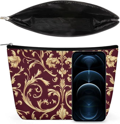 Fashion Zipper Cosmetic Case, Portable Makeup Case, Personality Toiletry Bag, Flower Maroon Gold Floral Classy Burgundy Antique Travel Cosmetic Toiletry Bag