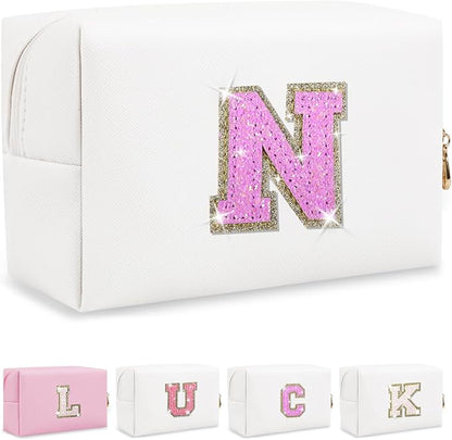 Personalized Initial Letter Makeup Bag, Small Glitter Letter Patch Cosmetic Pouch Zipper, Preppy Makeup Organizer PU Waterproof Travel Toiletry Bag, Monogrammed Birthday Gift for Women Girls