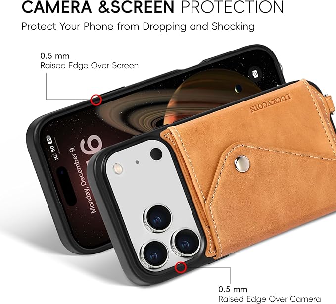 LUCKYCOIN Crossbody Wallet Phone Case for iPhone 17 Pro,100% Genuine Leather Wallet Phone Case with Expandable Flip Card Holder,Phone Purse for Women with Adjustable Removable Strap - Brown