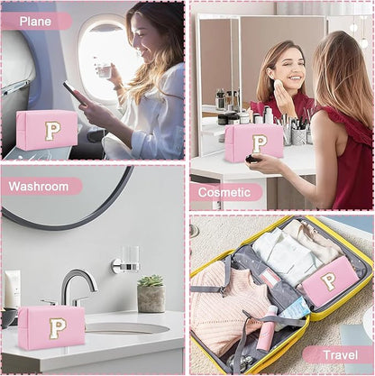 Personalized Initial Preppy Makeup Bag Organizer, Pink Small Travel Cosmetic Bag Monogram Toiletry Zipper Pouch for Women, Portable Waterproof PU Makeup Case for Women Friends Party Gift(Letter P)