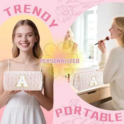Personalized Quilted Cosmetic Bag, Puffy Monogrammed Christmas Birthday Gifts for Women & Girls, Cute initial Floral Makeup Bag Puffer Coquette Bag, Aesthetic Travel Toiletry Zipper Pouch(Pink,B)