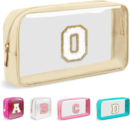 Small Clear Personalized Initial Makeup Bag, Preppy Nylon A-Z Chenille Letter Patch Makeup Organizer TSA Approved Travel Toiletry Bag,Waterproof Zip Beach Cosmetic Pouch Purse for Women(Beige-White O)