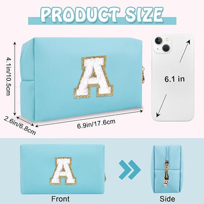 Personalized Initial Preppy Patch Makeup Bag, Small Blue Cute Cosmetic Pouch Makeup Organizer Travel Toiletry Zipper Pouch, Monogram Waterproof PU Chenille Letter Storage Bag Gift for Women(Letter A)