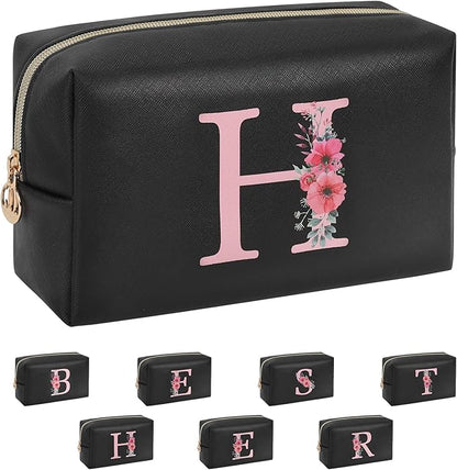 Personalized Initial Makeup Bag, Birthday Gifts for Women and Girls, Small Makeup Pouch Travel Toiletry Bag, Make Up Organizer Bag Gift Trendy Stuff for Friend Mom Teacher, Black