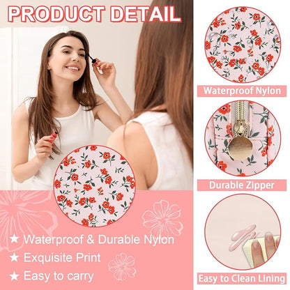 Waterproof Small Floral Makeup Bag Pouch for Purse,Nylon Flower Cosmetic Bag Preppy Travel Toiletry Storage Bag for Women Girl,Cute Makeup Organizer Bag Skincare Bag with Zipper(Small Pink-Flowers)