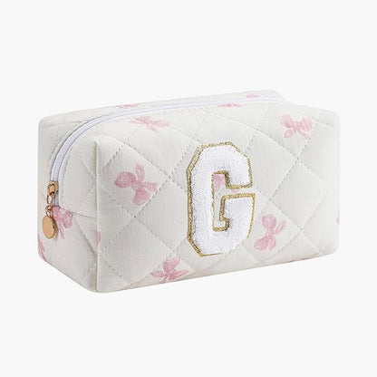 Gleyemor Personalized Initial Makeup Bag for Women, Cute Quilted Pink Floral Cotton Cosmetic Bag, Christmas Gifts for Her Mom Friend Sister Bridesmaid Teacher Women G