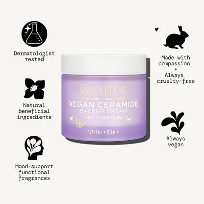 Pacifica Face Cream - Vegan Ceramide Barrier Cream w/Niacinamide & Shea Butter - Hydrating Daily Face Moisturizer Fragrance Free for Sensitive Skin, Vegan, Clean Beauty Allergy & Dermatologist Tested