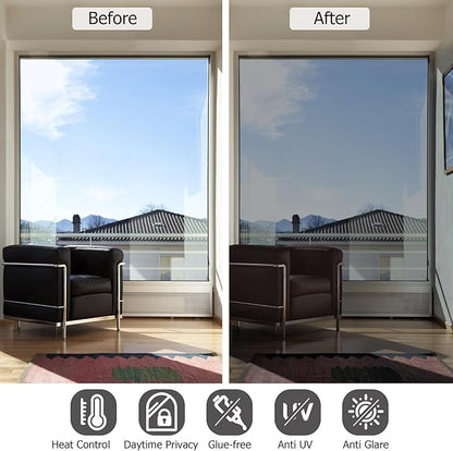 HIDBEA One Way Window Film, Daytime Privacy Sun Blocking Reflective Window Film No Glue Static Cling Heat Control Window Tinting Film for Home and Office, Gray Silver, 17.3 x 78.7 Inch