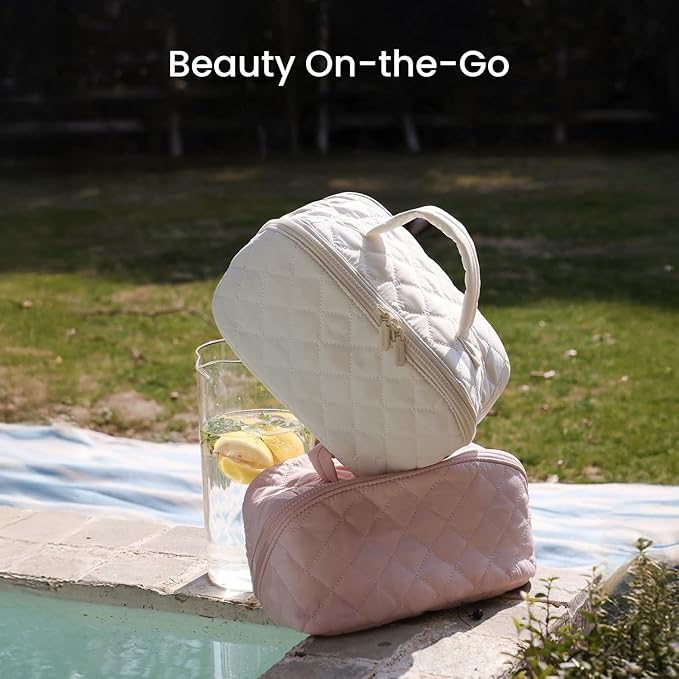 Makeup Bag for Woman, 180° Lay Flat Wide Open Makeup Bags, Large Fold out Washable Cosmetic Case, Quilted Puffy Toiletry Bags for Toiletries (Khaki)