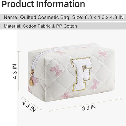 Gleyemor Personalized Initial Makeup Bag for Women, Cute Quilted Pink Floral Cotton Cosmetic Bag, Christmas Gifts for Her Mom Friend Sister Bridesmaid Teacher Women F