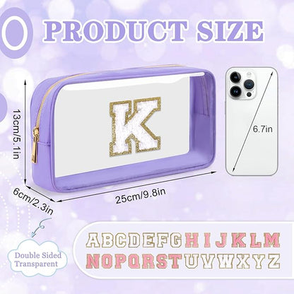 Small Clear Personalized Initial Makeup Bag,Nylon Preppy A-Z Chenille Letter Patch Cosmetic Pouch Beach Toiletry Bag,Waterproof Zip Travel Purse Storage Bag Organizer for Women Girls(Purple-White K)
