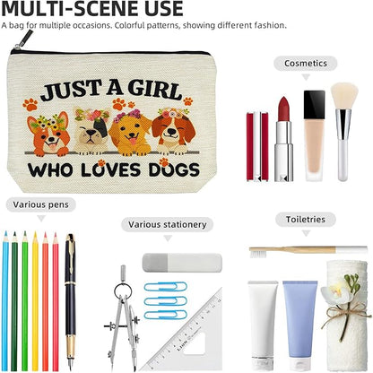 Animal Dog Lovers Gifts for Women Makeup Bag, Personalized Dog Themed Gifts for Dog Mom Owner Teen Girls Daughter Sister, Just A Girl Who Loves Dogs Cosmetic Stuff Bag, Funny Birthday Christmas Decor