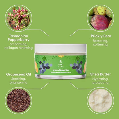 LUMA & LEAF Unconditional Care Whipped Body Butter – 5 fl oz Natural Shea Butter Body Cream with Grapeseed Oil, Tasmanian Pepperberry & Vitamin E – Ideal for Deep Hydration & Scar Repair