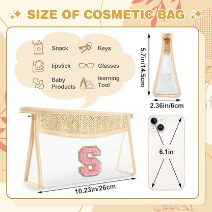Small Boho Straw Initial Letter Makeup Bag Personalized Gift ,Cute Clear Chenille Patch Makeup Bag With Zipper,Trendy TSA Approved Travel Toiletry Bag,Gift for Women Girls Birthday Friend, Letter S
