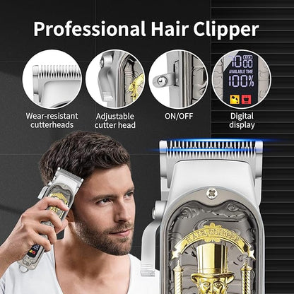 HIENA PRO Professional Hair Clipper Set for Men, Rechargeable Cordless Clippers and Trimmers Set, Electric Foil Shavers and Beard Trimmers, Hair Cutting Tools with LED Display, Gifts for Men