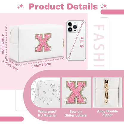 Small Initial Patch Makeup Bag Personalized Gifts Make Up Bag,White Cute PU Leather Glitter Letter Cosmetic Bag with Zipper,Trendy Portable Travel Toiletry Pouch,Preppy Stuff for Teen Girls Women X