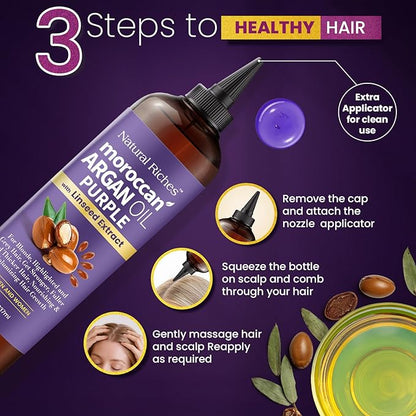 Natural Riches Moroccan Argan Oil Purple, Anti-Brass Hair Treatment with Linseed Extract for Silver Blonde Platinum Hair removes Yellow & Brass tones. Grey Highlighted Hair 8 fl oz