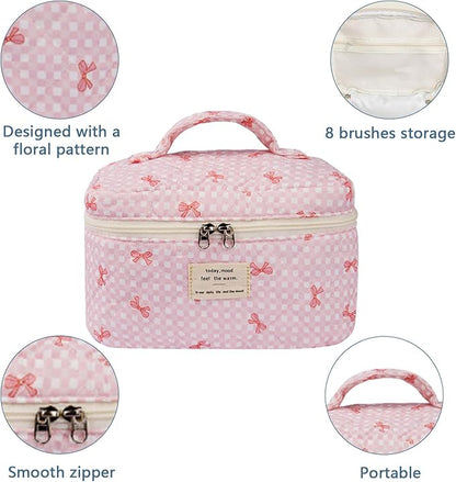 Large Makeup Bag, Cute Cosmetic Bag for Women Girls, Floral Coquette Aesthetic Toiletry Bag, Travel Make Up Organizer Bag (Pink Butterfly)