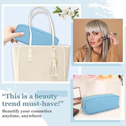 Izuzta Nylon Small Makeup Bag Slim Pouch, Preppy Cute Brush Case, Cosmetic Zipper for Purse, Waterproof Travel Toiletry Clutch Coin Organizer for Women Girls (Blue)