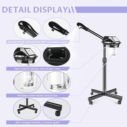 Facial Steamer, Poressional Facial Steamer on Wheels with Timer Function, Ozone Face Steamer for Spa, Salon and at Home Use