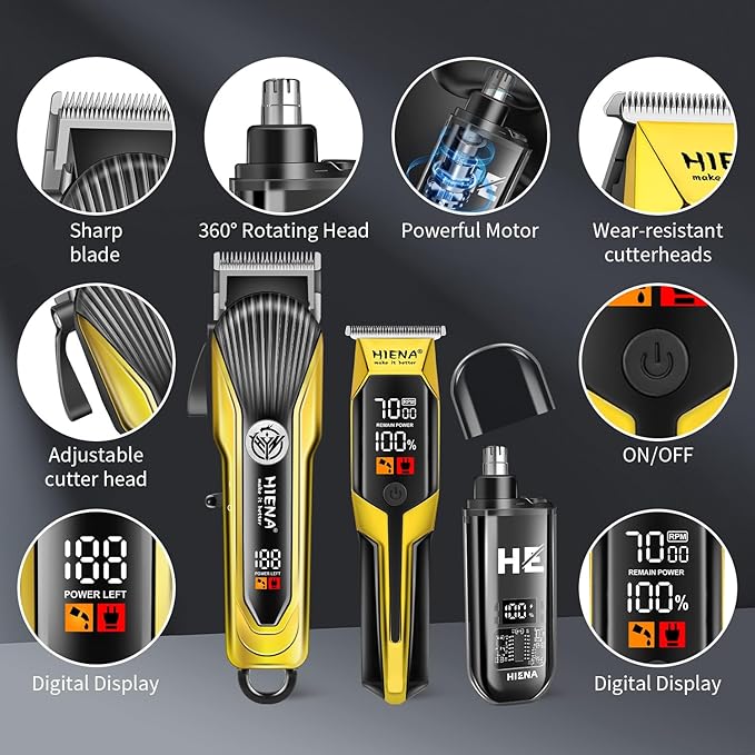 HIENA PRO Hair Clipper Set for Men, Professional Cordless Clipper Kit & Trimmer Set, Ear and Nose Hair Clipper with LED Display, USB Rechargeable Hair Cutting Grooming Kit, Gifts for Men