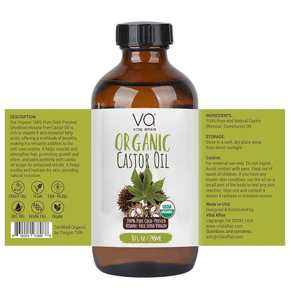 VITAL AFFAIR Castor Oil Organic Cold Pressed Unrefined Glass Bottle - USDA Certified Castor Oil For Hair Growth, Skin, Eyelashes, Eyebrows & Nails - 8 Fl Oz