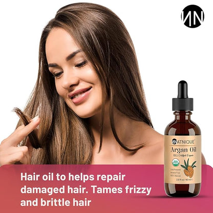 Natnique Organic Argan Oil, 2 oz – Pure Cold-Pressed Moroccan Oil from Morocco for Hair, Skin, Face & Nails – USDA Certified Organic, Virgin Aceite de Argan Cabello, Hexane-Free Moisturizer