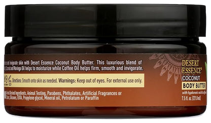 Desert Essence Coconut Body Butter 7.5oz - Hyaluronic Acid & Coffee Oil - Deeply Moisturizing and Nourishing - Moisture Rich Botanicals Coconut Oil & Moringa Oil - Helps Firm, Smooth and Hydrate