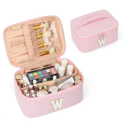 OCHEAL Makeup Bag for Women, Monogram Cosmetic Bag with Brush Holder, Pink Travel Makeup Case Beauty Toiletry Bag Organizer Personalized Gifts for Girls Bridesmaid, Sister, Wife, Friends Initial W