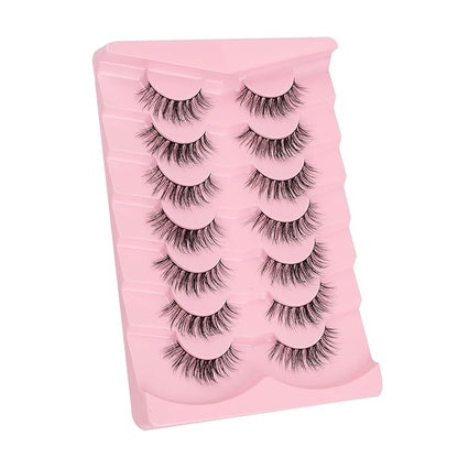 Natural Lashes False Eyelashes 17MM Wispy Lashes 3D Volume Strip Eyelashes C Curl False Eye Lashes 0.1MM Thin Band Fluffy Lashes Pack Siligli 7 Pair Lash Eyelash