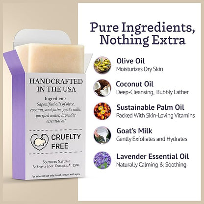 Southern Natural Goat Milk Soap Bar (Lavender 3 Pack) For Dry Sensitive Skin. Natural, Handmade Soap For Men, Women, Kids & Baby. Use On Face & Body