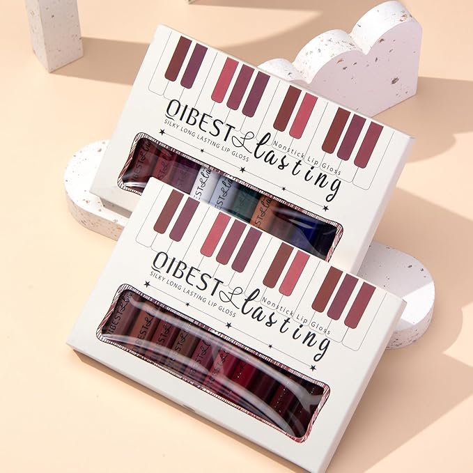 12Pcs Makeup Matte Lipstick Lip Kit, Warm Neutrals & Vintage Reds Non-Stick Cup Not Fade Liquid Lipstick Waterproof Long Lasting Durable Nude Lip Gloss Beauty Cosmetics Gift Box Makeup Set Kit
