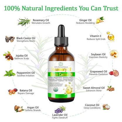 Organic Rosemary Oil for Hair Growth, Rosemary Oils with Castor – USDA Certified Cold Pressed Blend Hair Oil for Thicker, Fuller Hair, Soothe Itchy Scalp & Repair Damaged Hair – 4 fl oz