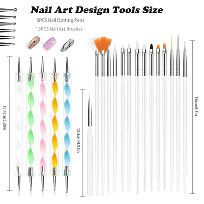 20Pcs Nail Art Brushes Tool Set, Nail Art Double-End Tools, Nail Liner Brushes, Silicone Pen Dotting Pen Tools Nail Art Kit for Home Nail Art DIY Salon Use-White