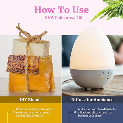 SVA Palmarosa Essential Oil – 4 Fl Oz – 100% Natural Palmarosa Oil - for Diffuser, Hair Care, Face, Skin Care, Aromatherapy, Scalp and Body Massage, Soap and Candle Making – with Dropper
