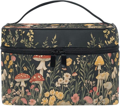 MNSRUU Makeup Bags, Vintage Wildflower Mushrooms Makeup Organizer Bags Toiletry Bag Box Travel Cosmetic Bag Make Up Train Case for Women Teen Girl Ladies