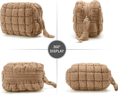 Puffy Quilted Makeup Bag Small Puffer Bag Cosmetic Bags Travel Toiletry Purse for Women, Cute Organizer Pouch, Khaki