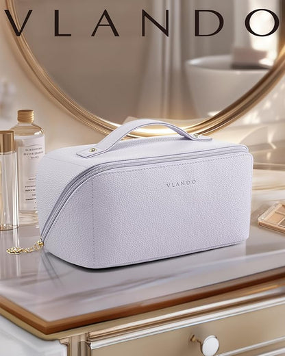 Vlando Makeup Bag,Large Capacity Toiletry Bag for Women Waterproof Portable Make up Pouch PU Leather Open Flat Cosmetic Bag(Purple)