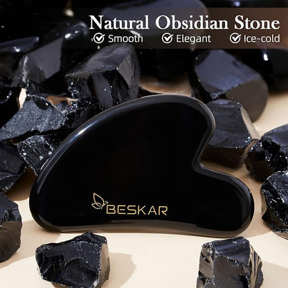 BESKAR Gua Sha Facial Tools, Natural Jade Stone Guasha Massager for Jawline Sculpting, Tighten Face Skin and Reduce Wrinkles, Face Eyes Body Neck Massage Tool, Skin Care Gift (Black)