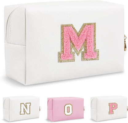 Small Travel Initial Preppy Makeup Bag, Personalized White Cute Cosmetic Organizer Chenille Letter Travel Toiltery Zipper Pouch, Waterproof PU Leather Make Up Case Gifts for Mom Women Female(Letter M)