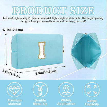 Personalized Initial Letter Patch Makeup Bag, Preppy Portable Chenille Letter Cosmetic Bag with Zipper, PU Leather Waterproof Travel Toiletry Bag Monogram Make Up Pouch for Women Girls(Letter I)