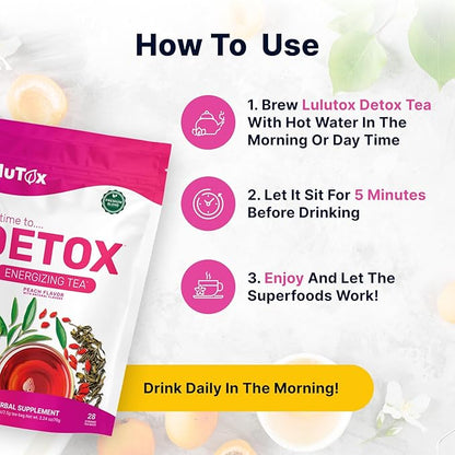 LULUTOX Detox Tea - Slimming Tea with Dandelion and Ginseng to Support Goals for Detox Cleanse, Flat Belly, Bloating, Healthy Weight and Digestive Health - Women & Men - Peach Flavor (28 Servings)