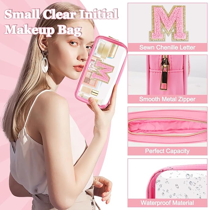 Small Clear Personalized Initial Makeup Bag,Nylon Preppy A-Z Chenille Letter Patch Cosmetic Pouch Beach Toiletry Bag,Waterproof Zipper Travel Purse Storage Bag Organizer for Women Girls(Pink-Pink M)