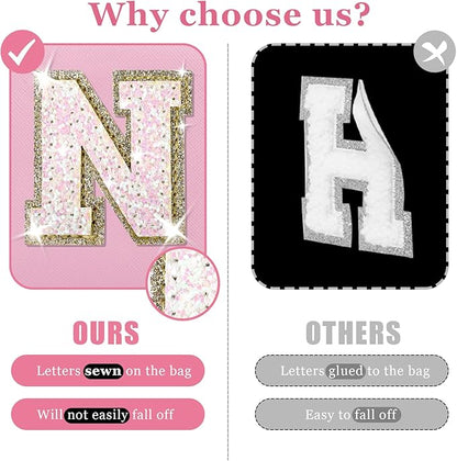 Personalized Initial Letter Makeup Bag, Small Glitter Letter Patch Cosmetic Pouch Zipper, Preppy Makeup Organizer PU Waterproof Travel Toiletry Bag, Monogrammed Birthday Gift for Women Girls